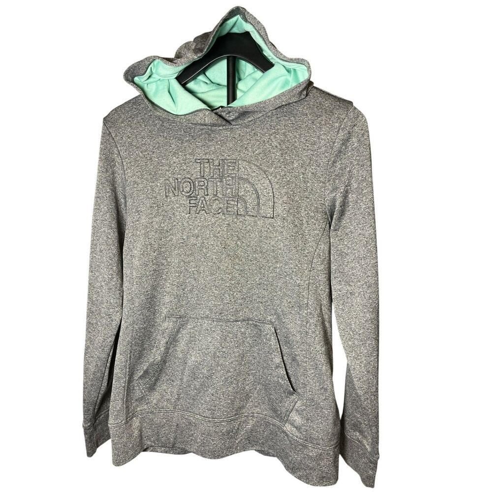 The North Face Women’s Large Gray Heather Pullover Hoodie Mint Green Lined Logo